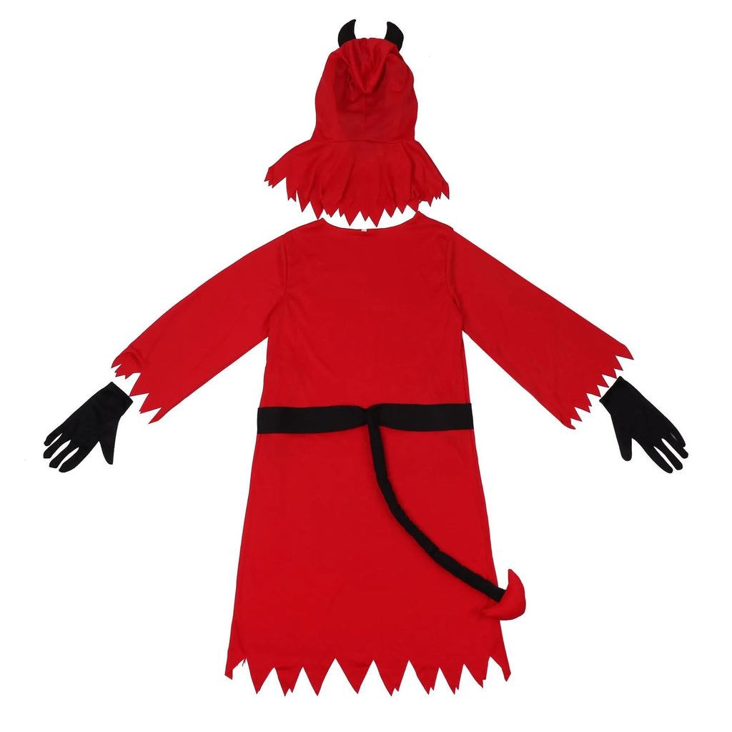 Red polyester demon Halloween costume with serrated dress, plush tail, wrist gloves, and horned hood
