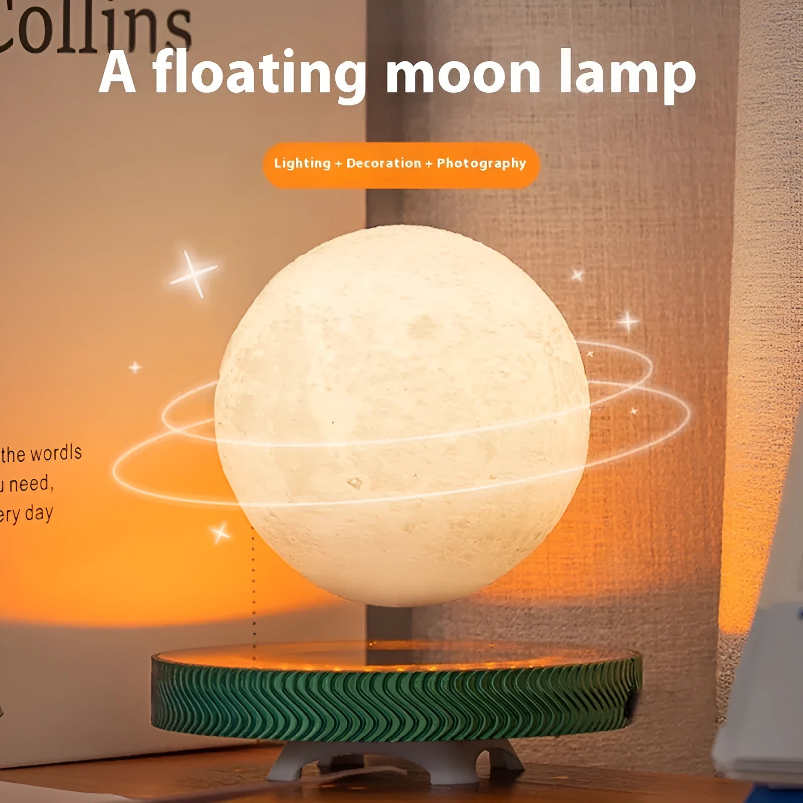 Magnetic suspension moon night lamp, a 3D-printed decorative ornament in suspended Moon, Saturn, or bulb design.
