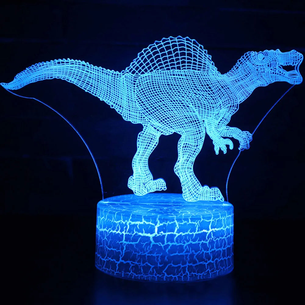 Colourful dinosaur 3D LED night light with touch controls on a compact ABS base.
