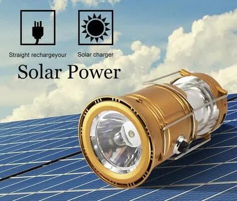 Collapsible LED solar camping lantern in Blue or Gold with reflective lenses, rubber handle and water resistant ABS body