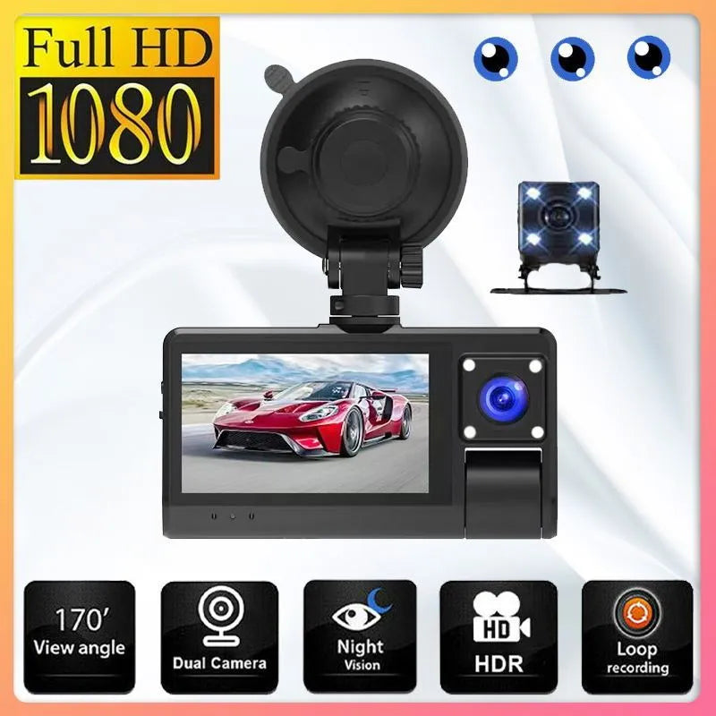 G50 black dashboard camera with 3-inch touchscreen display mounted on car windscreen