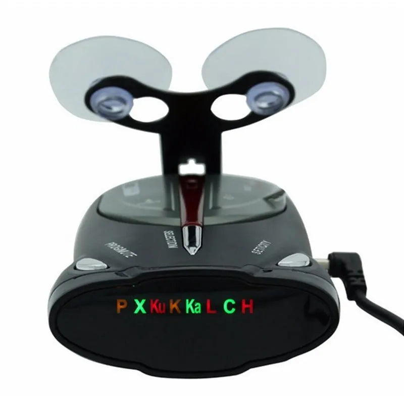XRS9880 bilingual English Russian radar detector with 12V car charger and suction cup bracket