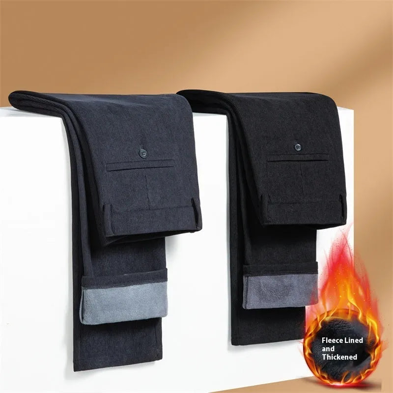 Men's fleece-lined thickened casual trousers, mid waist, zipper fly, black or navy blue, sizes 29-40