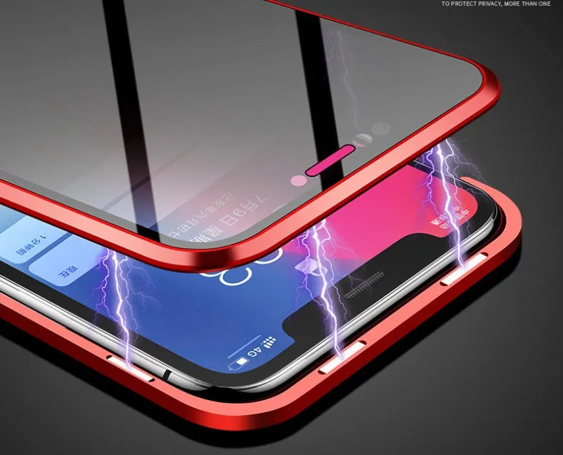 Black clamshell magnetic anti-peeping phone case for Samsung Galaxy phones, shown open and closed.