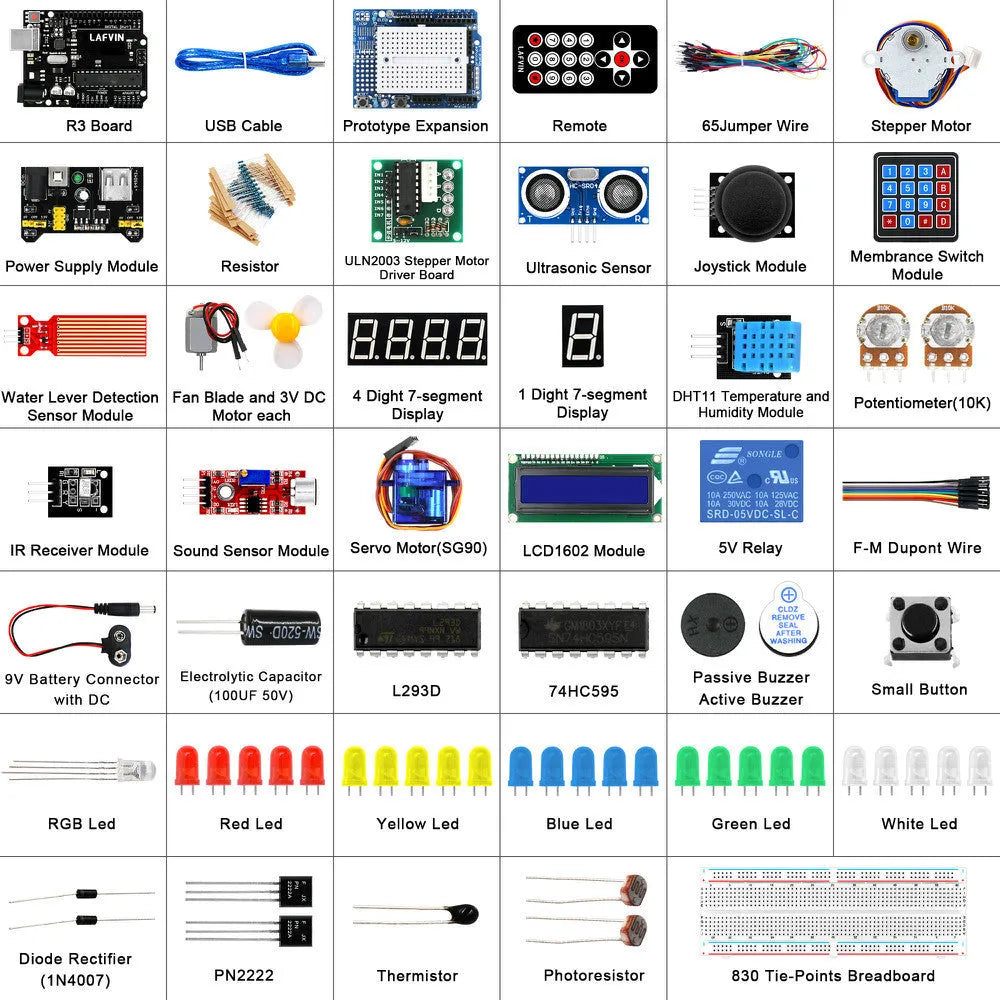 LAFVIN Arduino UNO R3 super starter kit with blue board, breadboard, and numerous electronic components.
