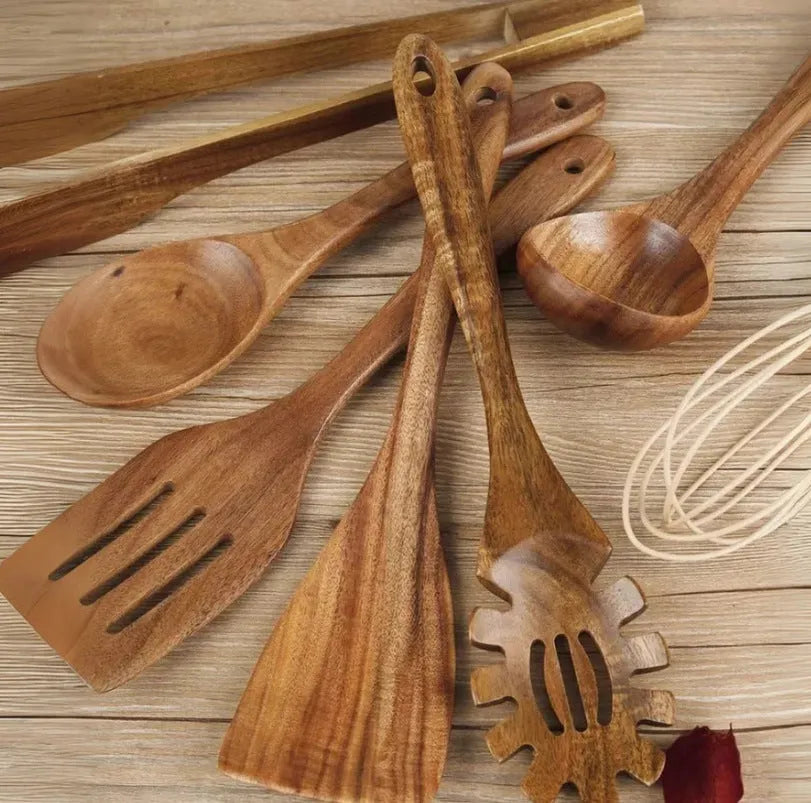 7-piece wooden cooking utensil set with anti-scald handles for non-stick pans