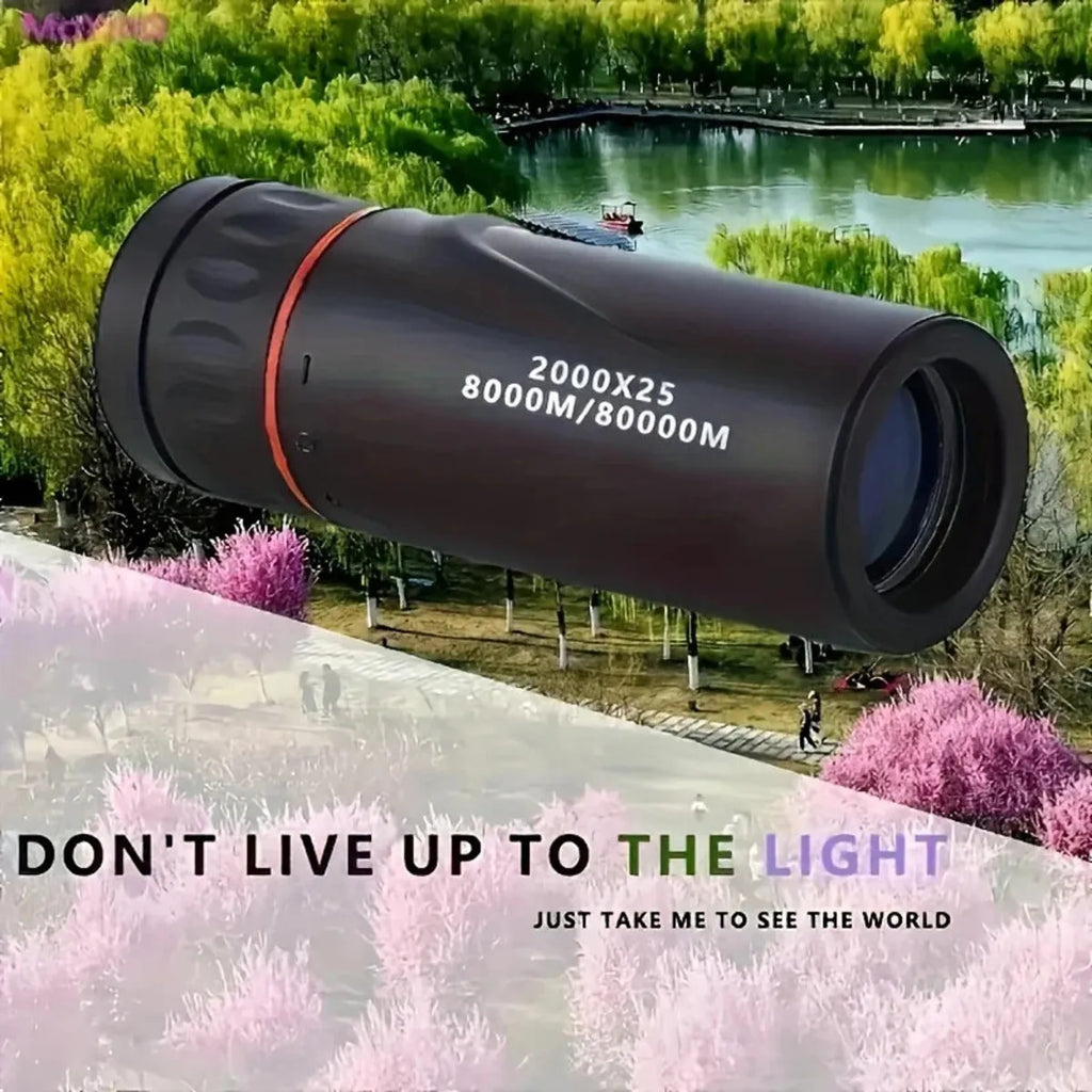 Black monocular telescope with rubber exterior and mobile phone holder attachment for outdoor use