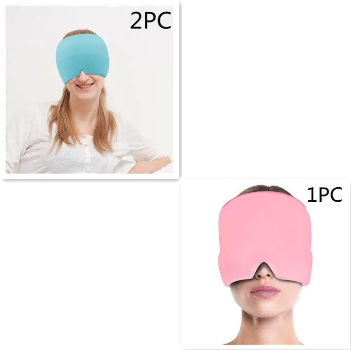 Black elastic gel ice mask for headache relief shown on face, highlighting its 22x17cm size.