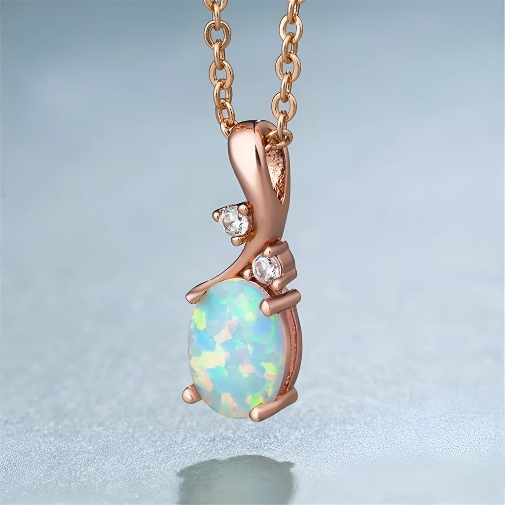 Water drop shaped opal pendant necklace with adjustable O-shaped alloy chain in rose gold or white