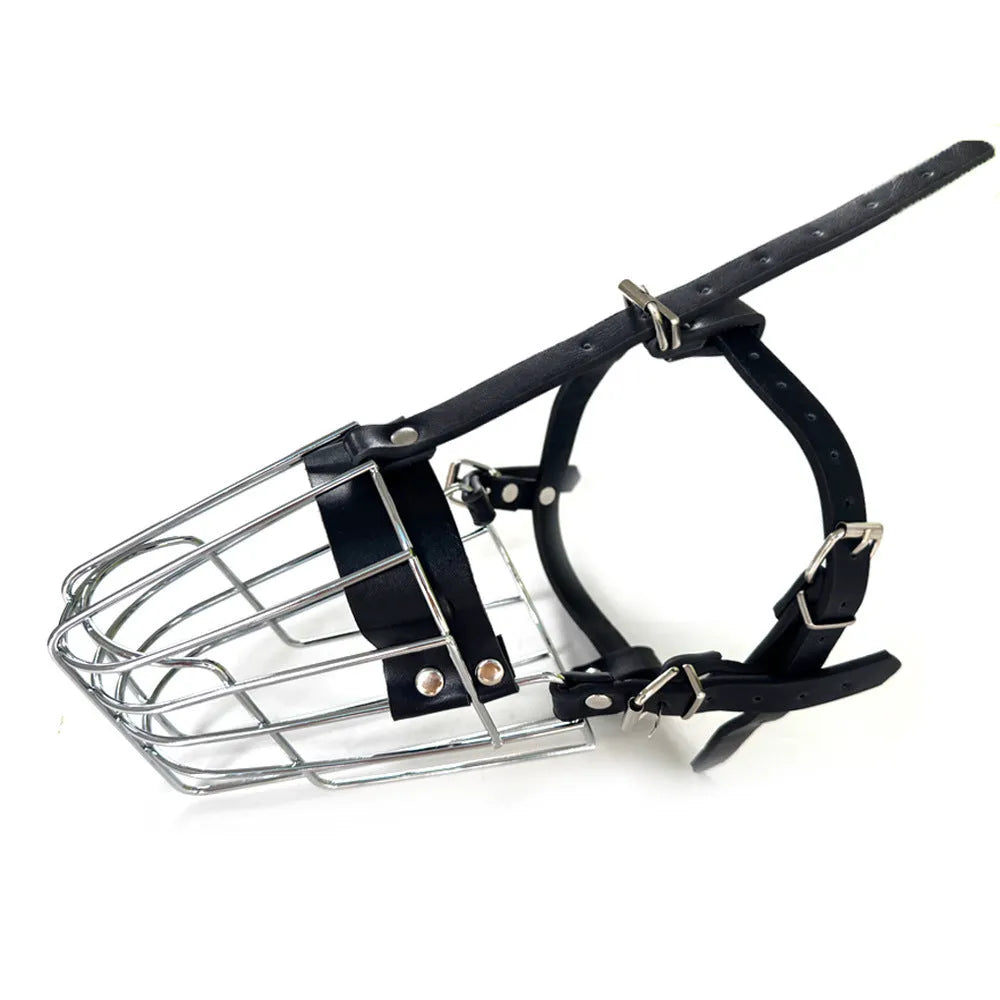 Black zinc-plated steel wire basket muzzle for large dogs, shown with adjustable nylon straps and metal buckles.