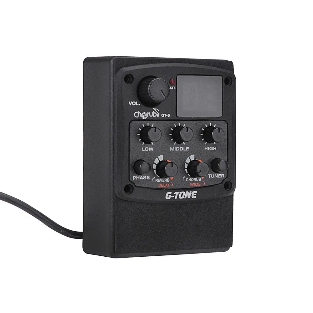 Cherub GT-6 black acoustic guitar preamp with EQ knobs and effects controls for soundhole mounting.