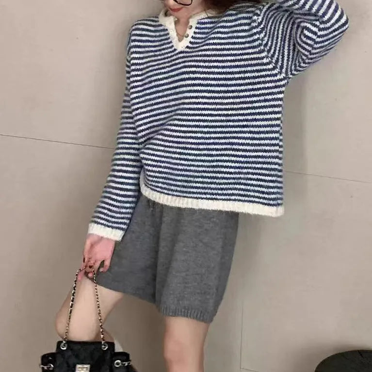 Retro striped cashmere pullover sweater for women in red or blue colour with free size fit