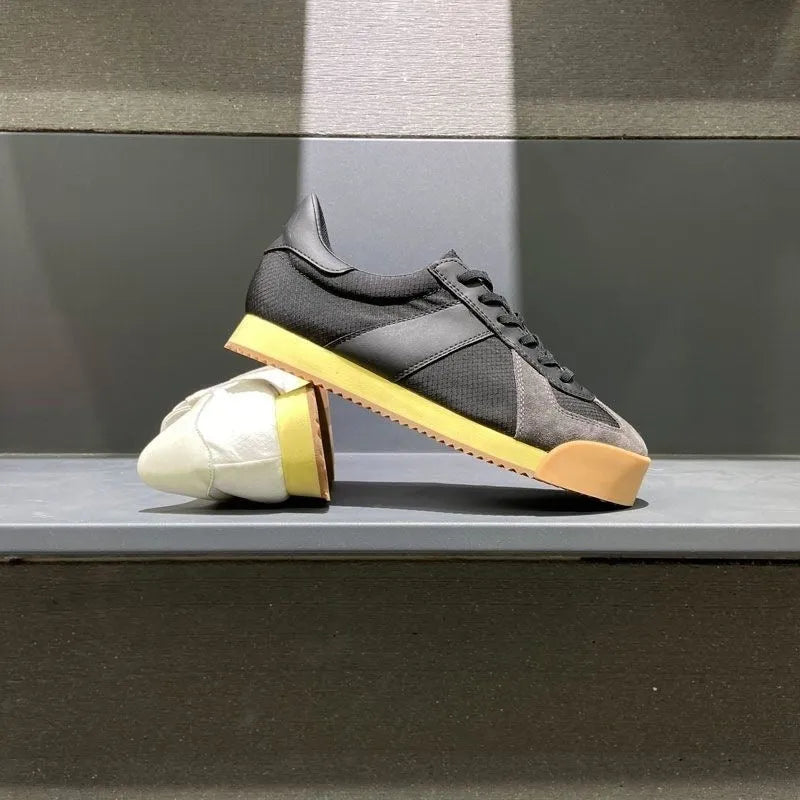 Men's summer sports shoes with cow suede leather upper and raised sole in black, grey, orange or white