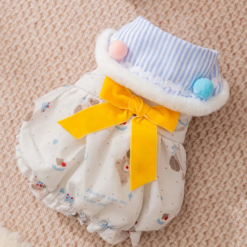 Autumn winter pet clothes for small dogs and cats, warm skirt with built-in D-ring belt in blue and red.