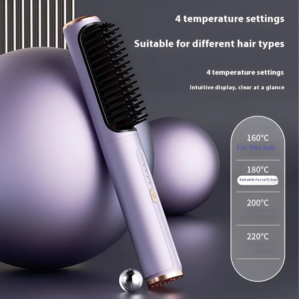 Wireless straight comb hair styling tool in rose gold colour with ceramic plates