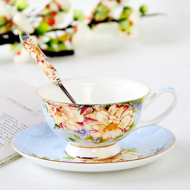 European porcelain coffee cup and saucer set with pastoral style pattern in assorted colours