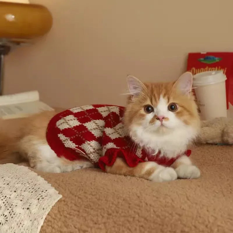 Red cat sweater with rhombic embroidery cherry pattern showing size options for pet clothing