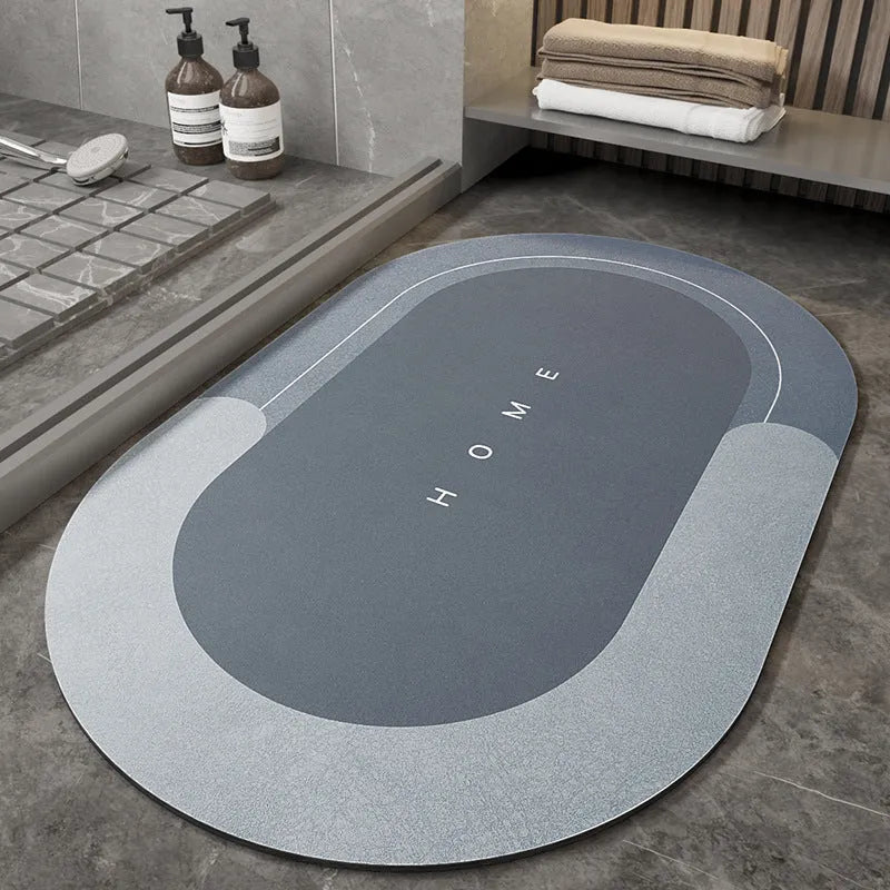 Machine woven bathroom floor mat in blended material showing oval and rectangle shape options