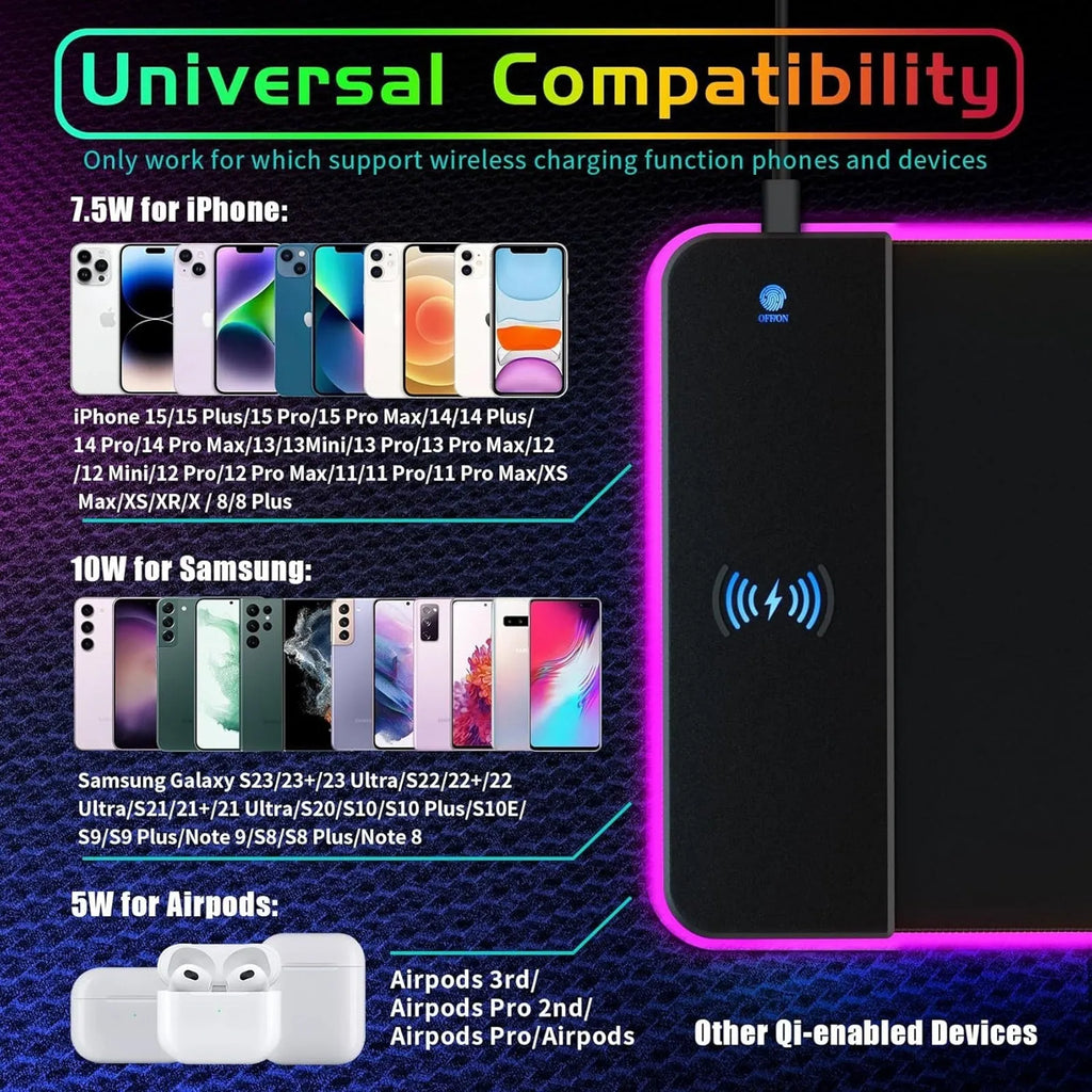 Oversized pure black wireless charging RGB luminous mouse pad with non-slip rubber base and 3mm thickness for gaming