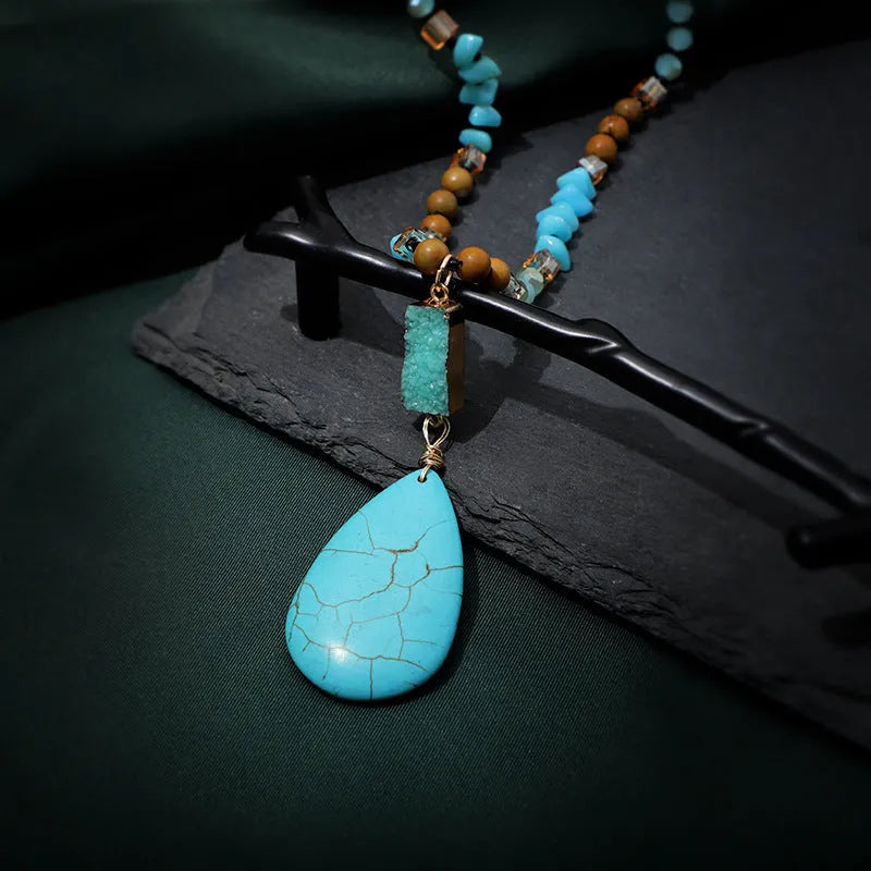 Blue turquoise pendant necklace with mixed gem inlay on ball bead chain