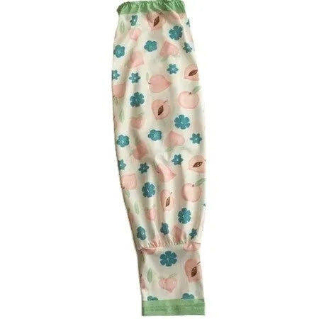 A pair of printed viscose sun protection oversleeves in a floral design on a mannequin arm.