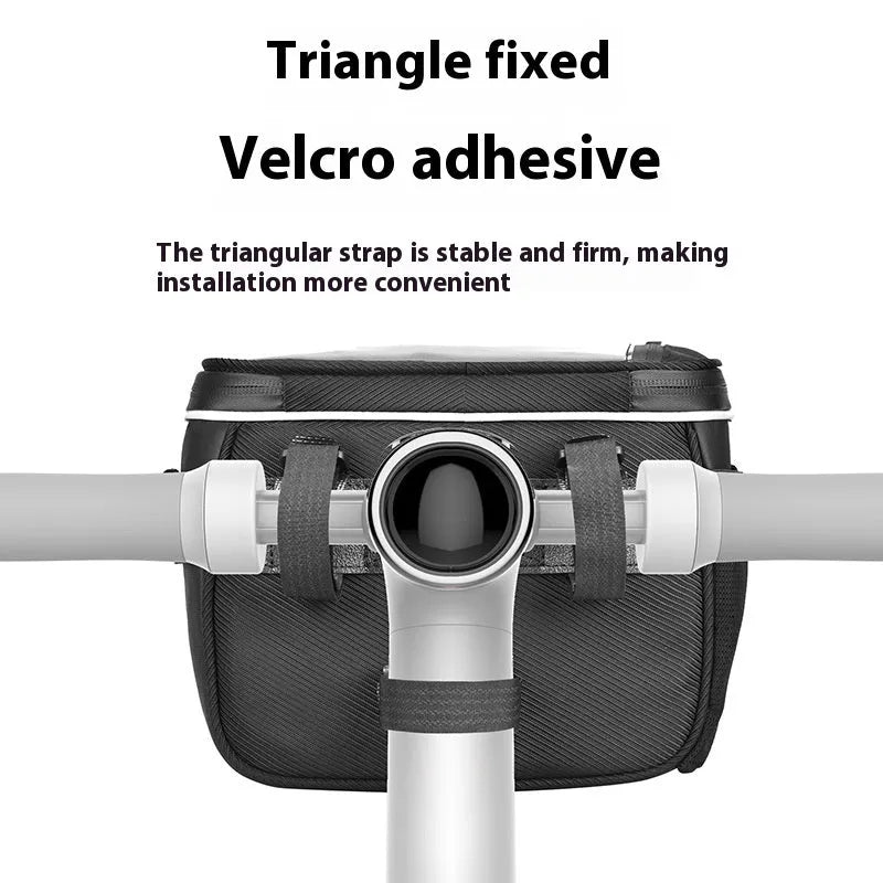 Black polyester bicycle handlebar bag with zippered closure mounted on bicycle