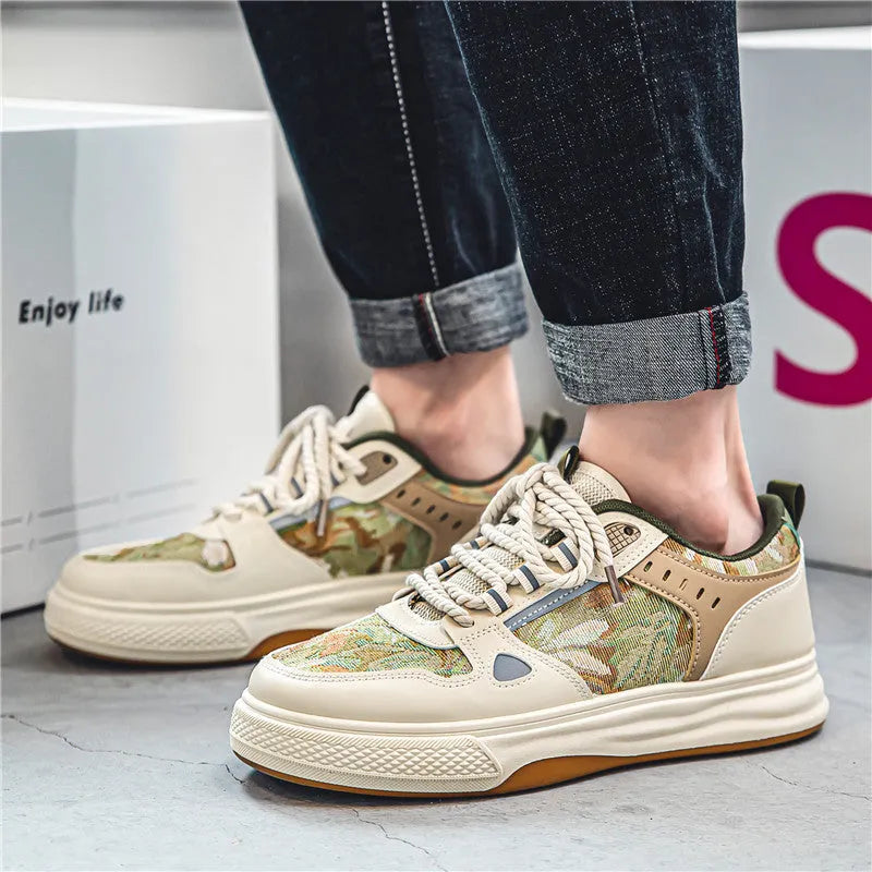 Men's flat heel canvas casual shoes in Milan green and beige colours, showing round toe design.