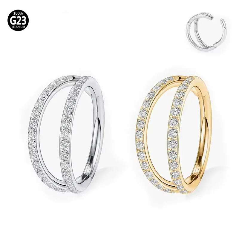 G23 titanium alloy lip and nose ring body jewellery in gold and steel colour finishes, showing different gauge sizes.