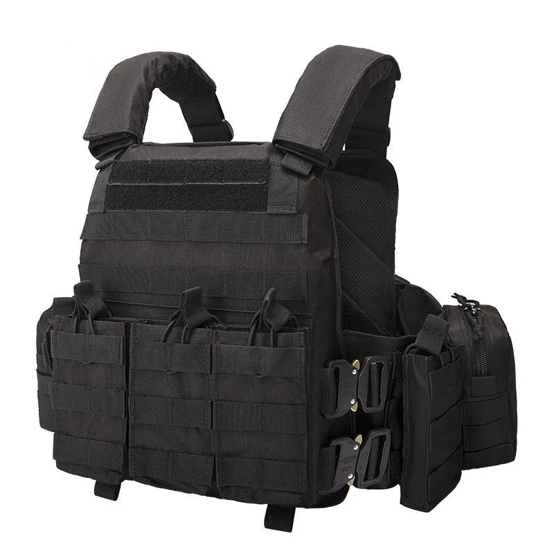 Men's camouflage polyester tactical vest shown in an army green colour, designed for outdoor training and shooting sports.