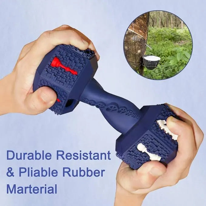 Black durable rubber dumbbell dog chew toy with textured surface and hollow ends for treats.