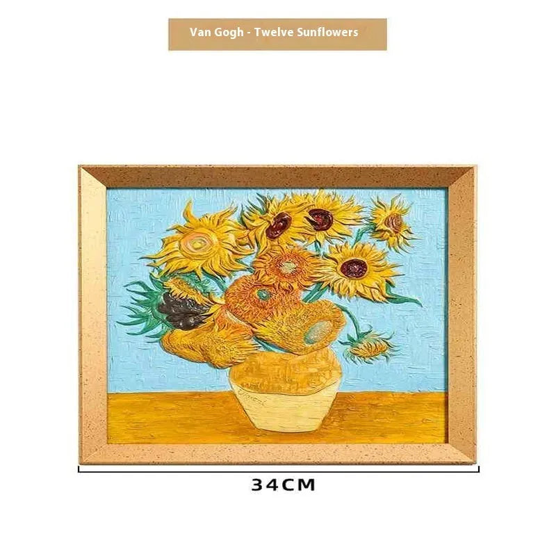 DIY filled oil painting craft kit with epoxy clay base, acrylic paints, and brushes for creating textured Van Gogh or Monet art reproductions.