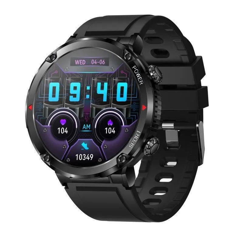 T30 smart watch with black silicone strap showing health stats on a circular 52mm screen.