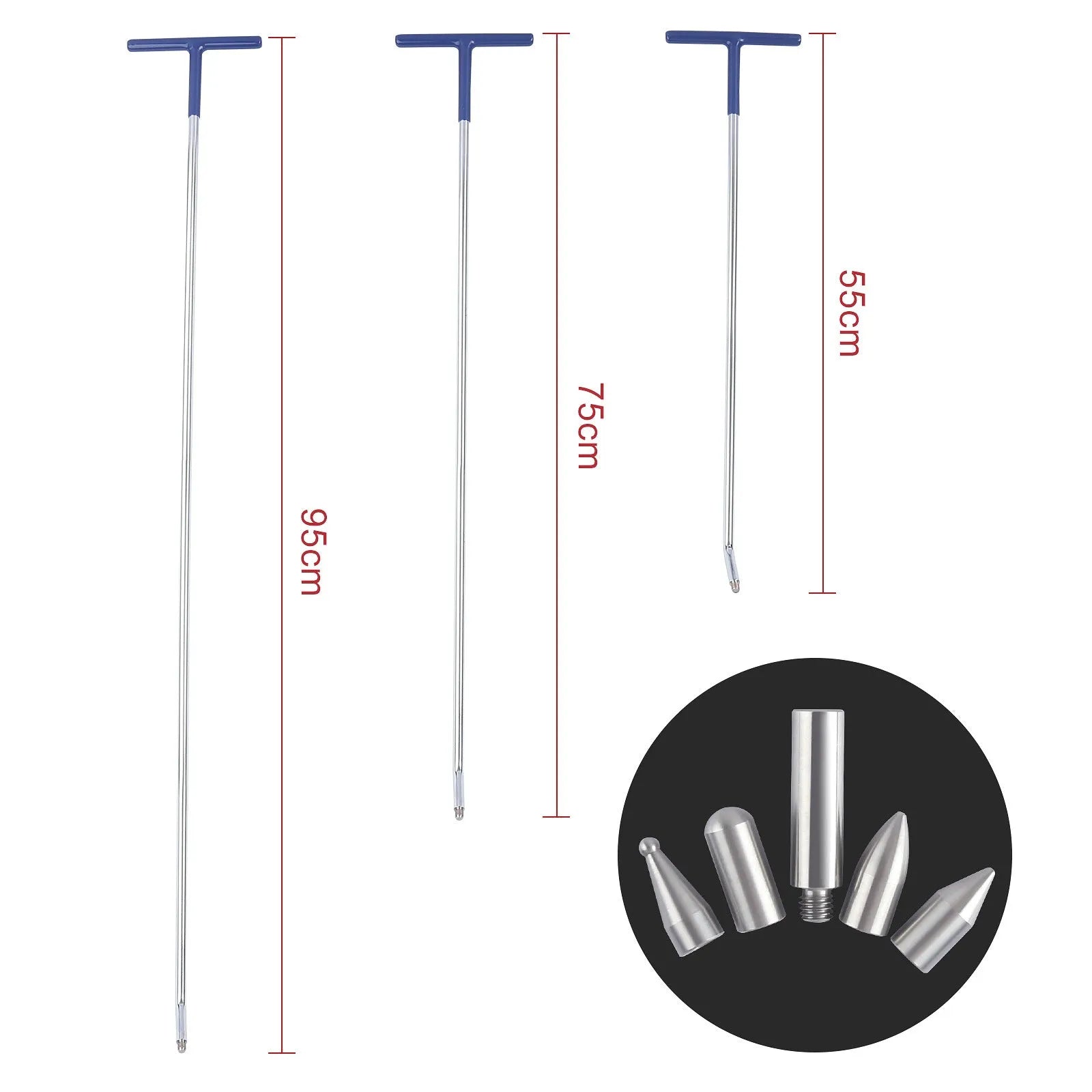 Three-piece alloy steel car dent repair tool set with hooks and crowbars on a workbench.