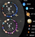 Two adjustable elastic beaded bracelets with zodiac charms on a wrist, showing natural stone textures.