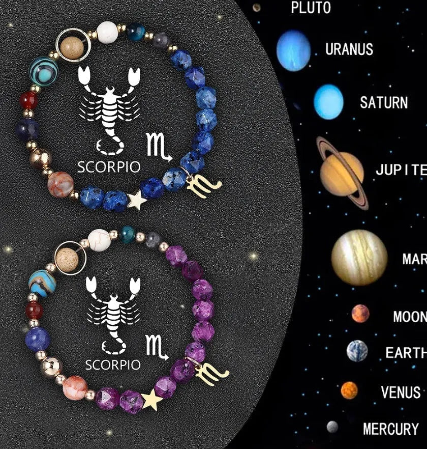 Two adjustable elastic beaded bracelets with zodiac charms on a wrist, showing natural stone textures.