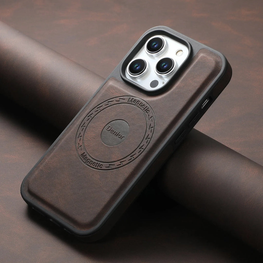 Retro style magnetic wireless charging phone case in dark brown for iPhone 14 Pro Max