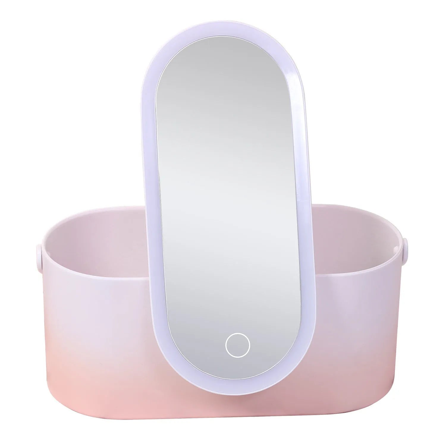 Pink portable LED makeup mirror case open, showing internal storage compartments and mirror.