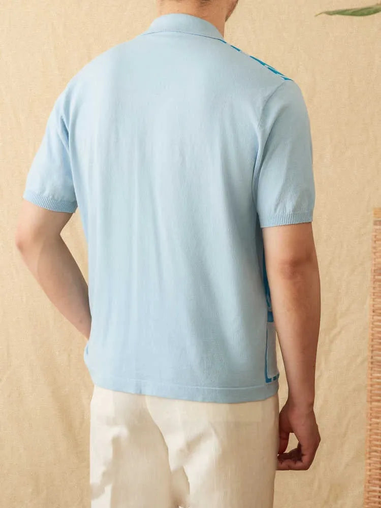 Light blue striped cotton polo cardigan with short sleeves and a lapel collar on a hanger.