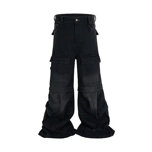 Detachable washed-out cotton overalls with multiple pockets in black or blue colours
