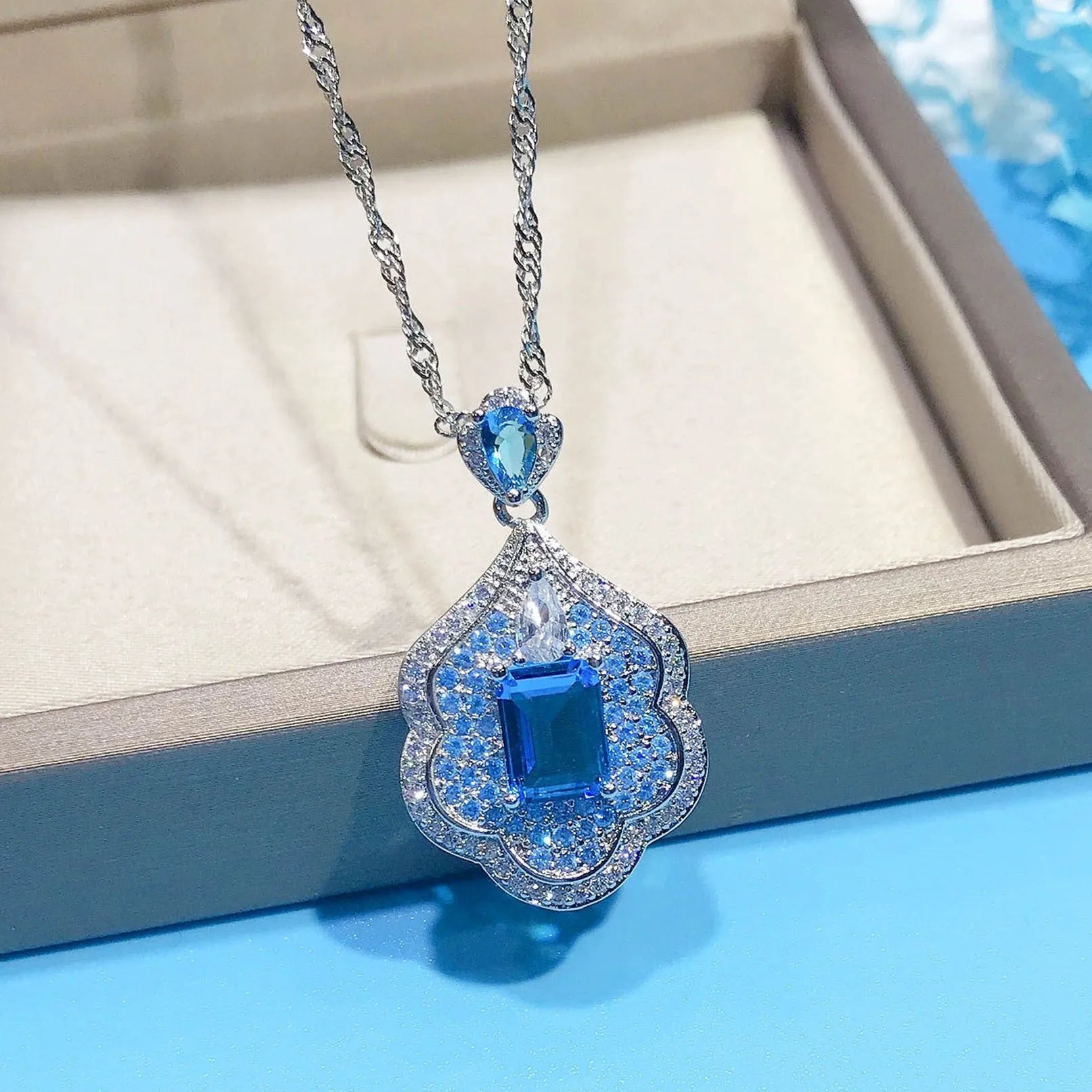 Sea blue geometric copper pendant with aquamarine mirror finish for jewellery making