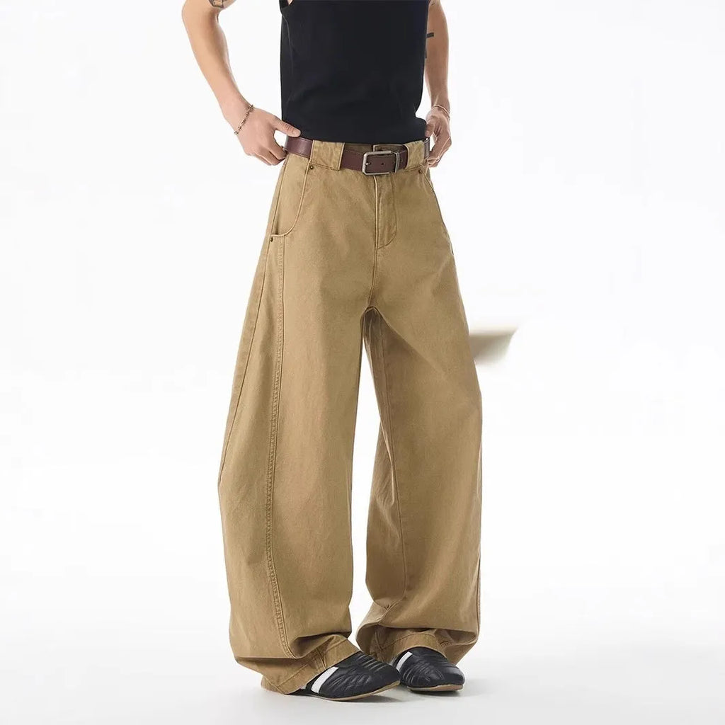 Brown men's straight-leg casual jeans with loose fit and cardigan button fly detail