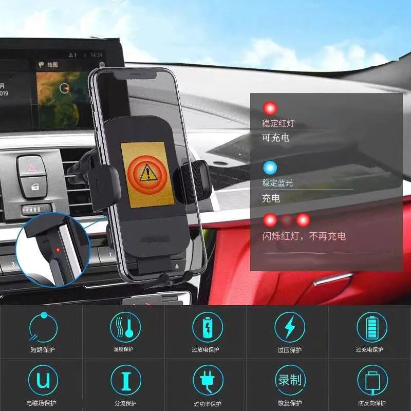 Black car wireless charging stand with 15W fast charging and multiple mounting options