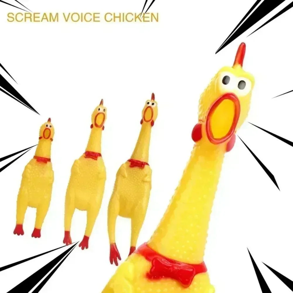 Yellow rubber screaming chicken dog squeak toy shown in three different sizes for small, medium, and large dogs