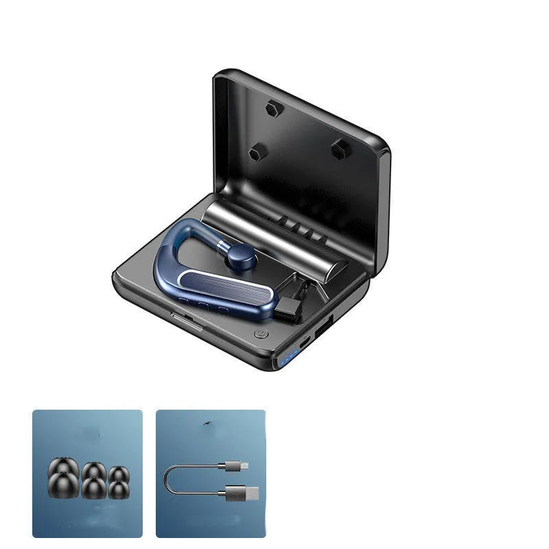 Black Bluetooth earphones with a hanging-ear design and multiple silicone ear caps, shown alongside a charging case.