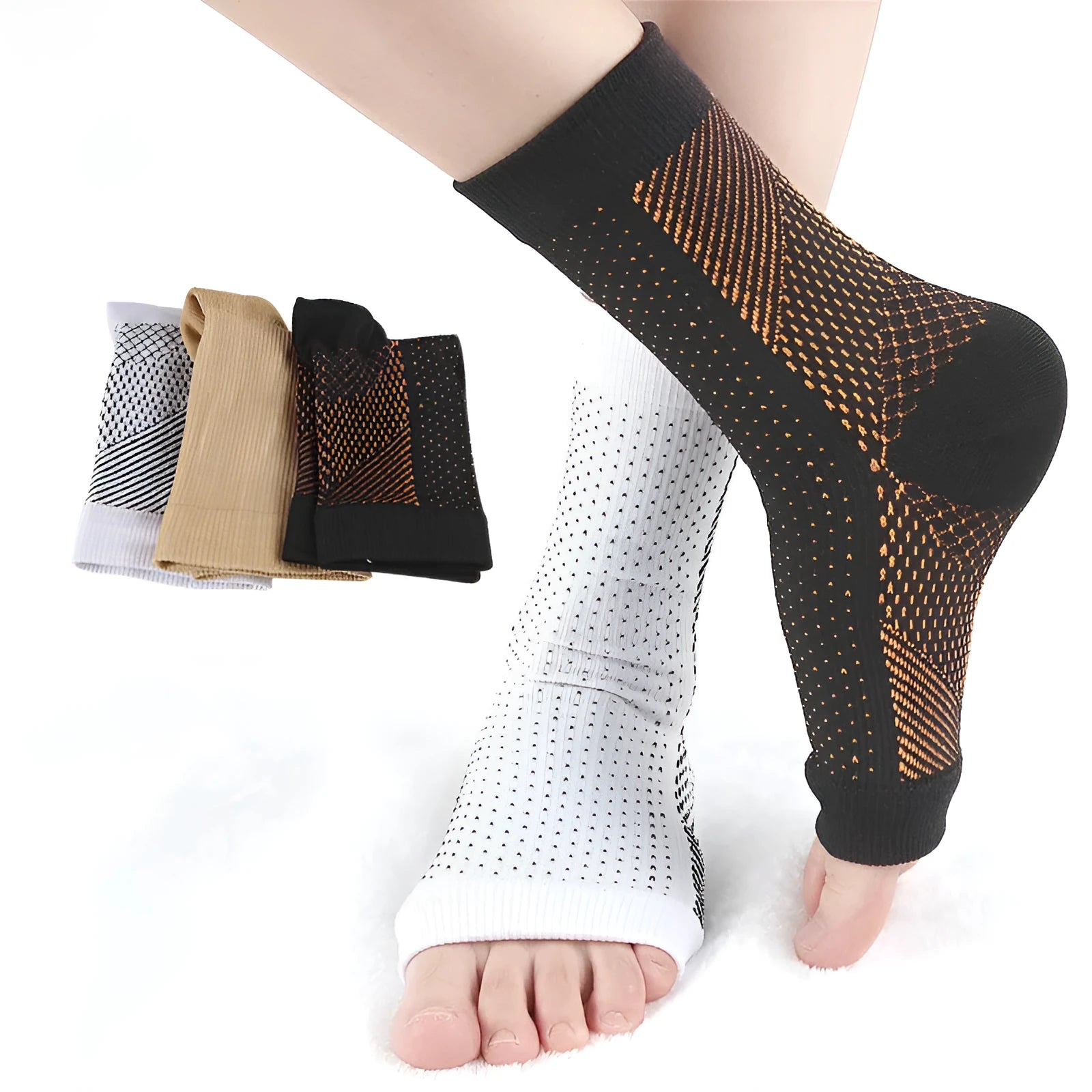 Korean-style heel invisible pressure sports foot socks in white, black, skin colour and copper.