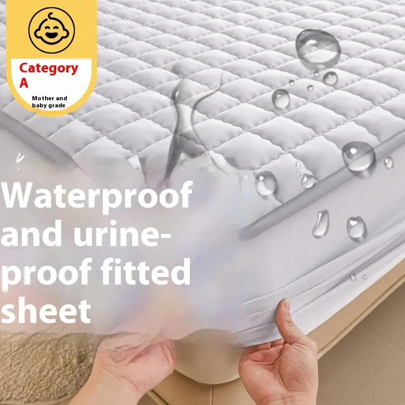 Blue waterproof fitted sheet with elasticated corners on a mattress.
