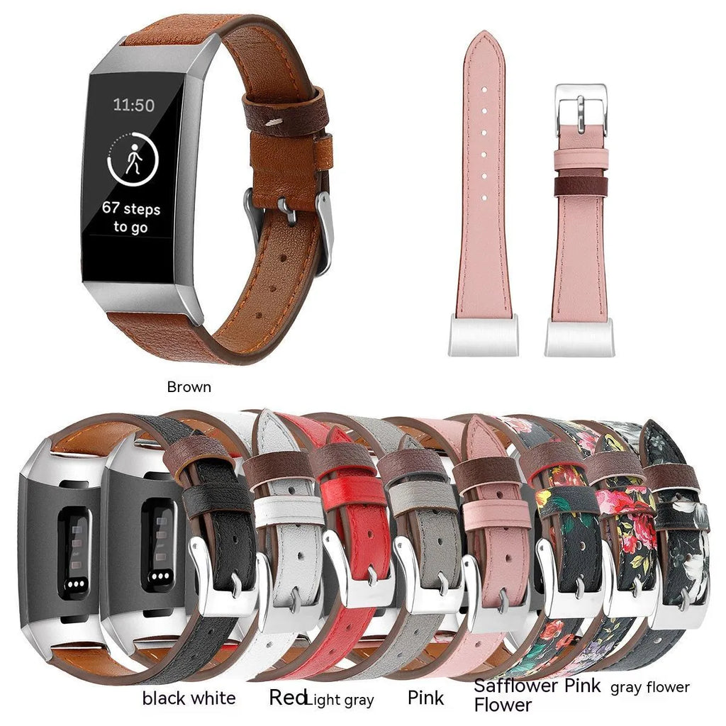 First layer cowhide watch strap for Fitbit Charge 3 and Charge 4, 18mm straight buckle, available in multiple colours and sizes