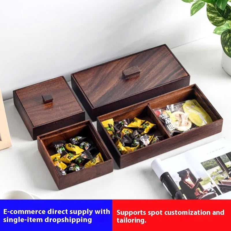 Solid wood snack candy tray in burlywood with multi-grid options and cover