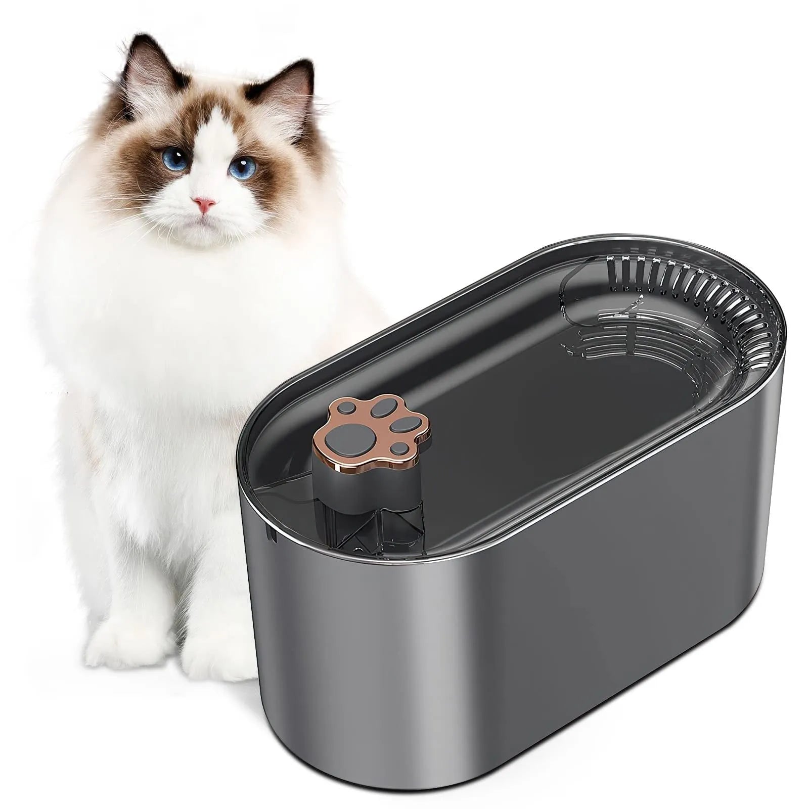 Berlin blue automatic pet water fountain with quiet pump and triple filter on floor.