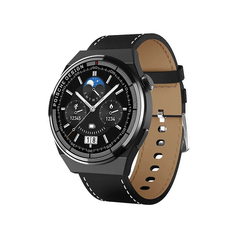 A circular black smartwatch with a silicone strap displaying a home screen on its 1.39-inch tempered glass display.